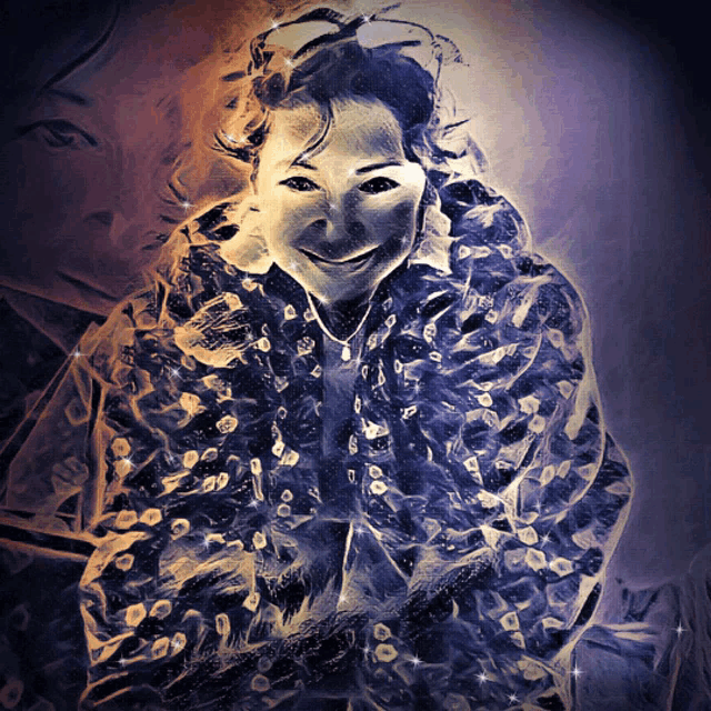 a drawing of a woman with a purple jacket on