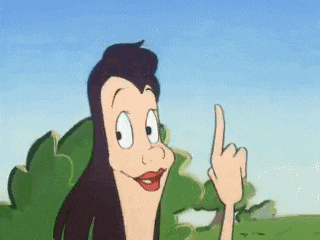 a cartoon woman is pointing up with her finger in a field .