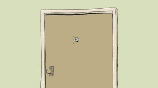 a cartoon character is standing in front of a door with a sunset in the background