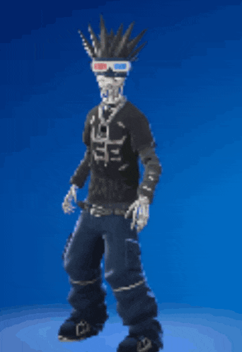 a skeleton with 3d glasses and a hula hoop around his neck