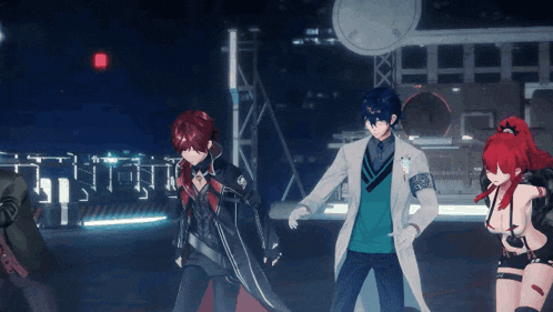 a group of anime characters dancing in front of a large clock