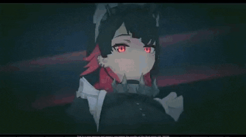 a girl with red eyes and spikes on her neck is holding a gun in her hand .