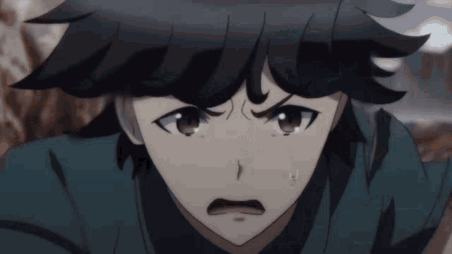 a close up of a anime character 's face with a surprised look on his face