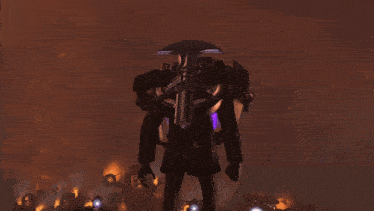 a person is holding two lightsabers in front of a bright orange light