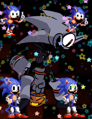 a pixel art of sonic the hedgehog surrounded by stars on a dark background
