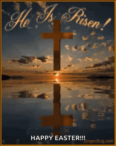a happy easter card with a cross in the water