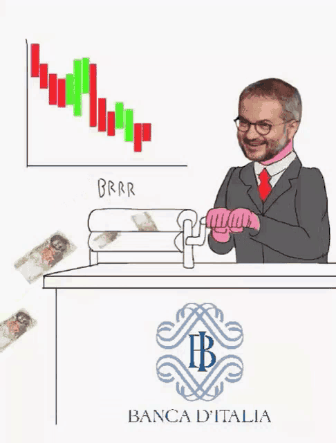 a cartoon of a man behind a counter with a sign that says banca d italia