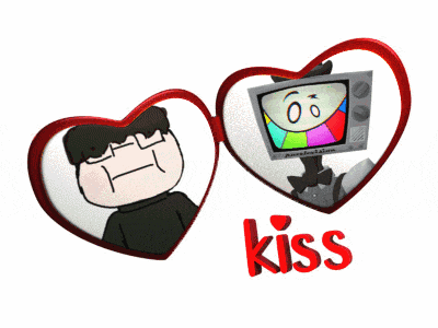 a picture of a man and a tv with the word kiss on the bottom