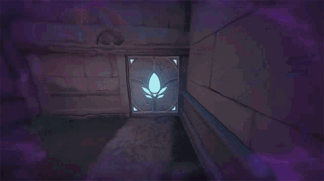 a room with stairs and a purple light coming out of the ceiling