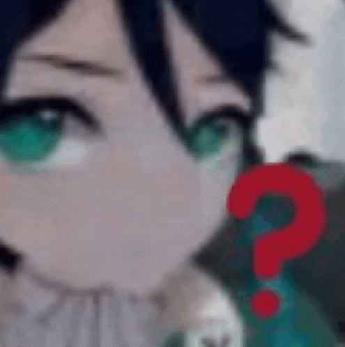a close up of a person 's face with a red question mark in the background .
