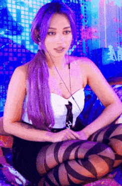 a woman with purple hair is wearing striped stockings and headphones