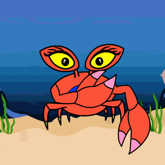 a cartoon of a red crab with yellow eyes by lucyandclou