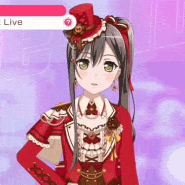 a girl wearing a red top hat is standing in front of a live icon