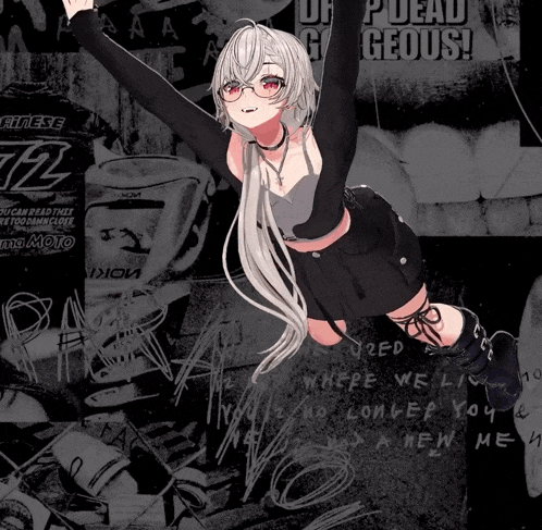 a girl with white hair and red eyes is flying through the air in front of a sign that says ' u dead geous '
