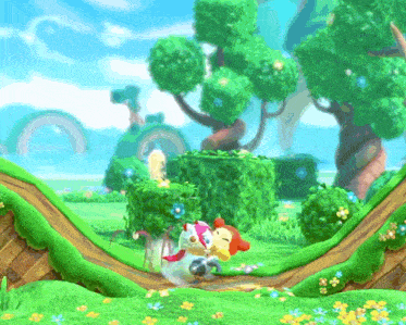 a video game scene with trees and flowers and a rainbow