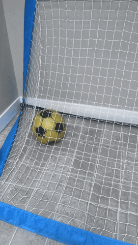 a yellow soccer ball is sitting in a goal net