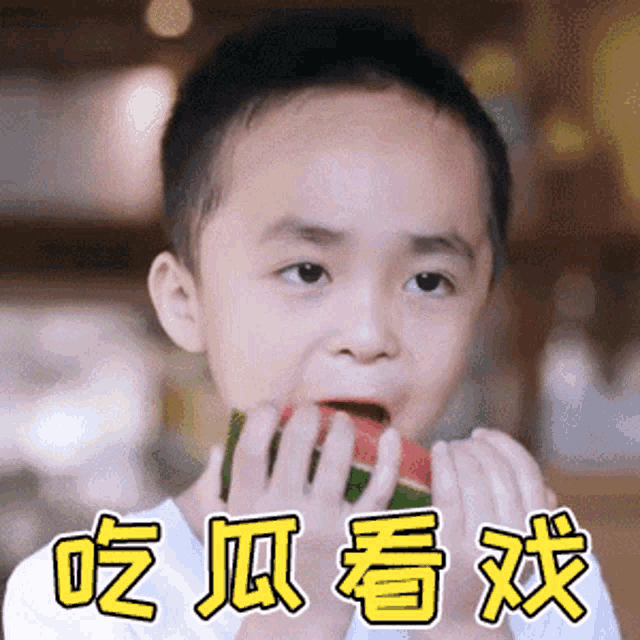 a young boy is eating a slice of watermelon with chinese writing on the bottom