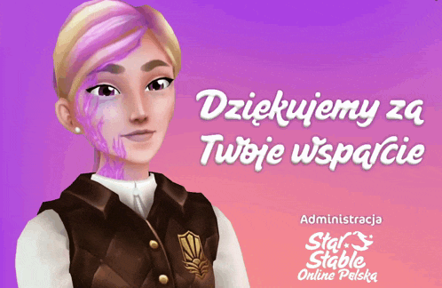 an advertisement for star stable online polska shows a woman with purple hair