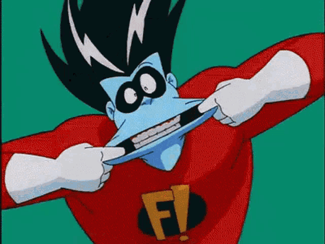 a cartoon character has the letter f on his shirt