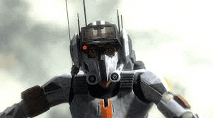 a close up of a robot wearing a helmet and holding a sword .