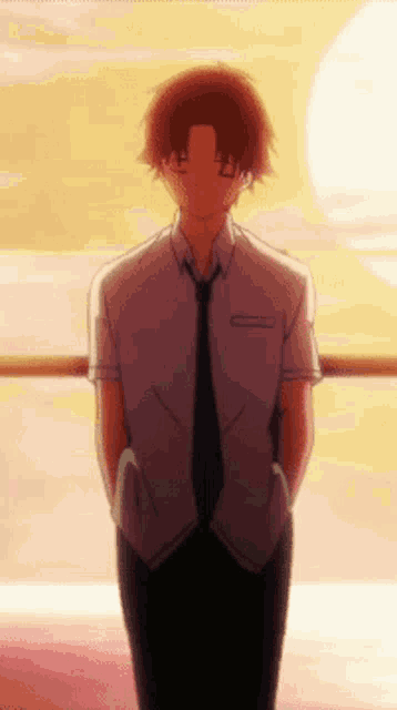 a man in a white shirt and black tie is standing in front of a sunset