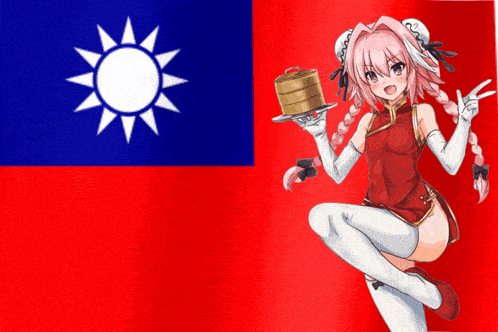 a girl in a red dress is holding a tray of food in front of a flag