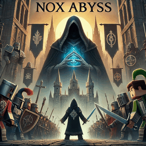 a poster for nox abyss shows a castle and a group of knights