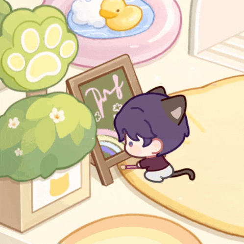 a cartoon drawing of a cat drawing on a chalkboard with the word puf on it