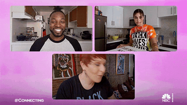 a woman wearing a black shirt that says " black lives matter " talks to a man and another woman