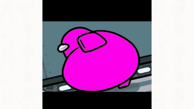 a pink among us character is standing on its back on a ledge .