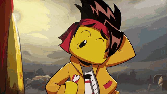a cartoon character is wearing a yellow jacket and a red bandana