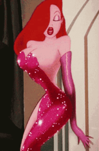a cartoon character with red hair is wearing a pink dress and purple gloves