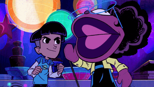 a cartoon of a boy and a girl standing next to each other with balloons in the background