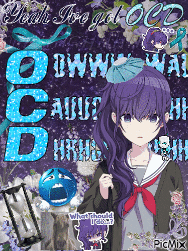 a girl with purple hair is holding an umbrella in front of a sign that says " yeah i ve got oc "