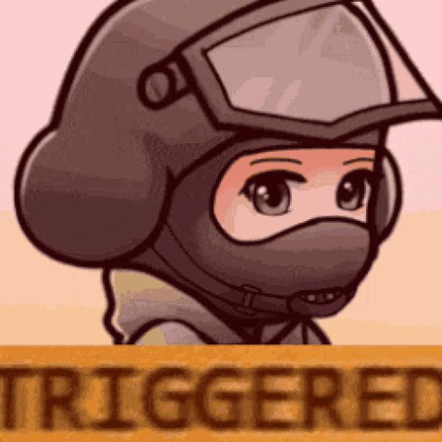 a cartoon of a person wearing a helmet and a mask with the word triggered behind them .