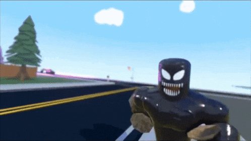 a cartoon character is running down a road