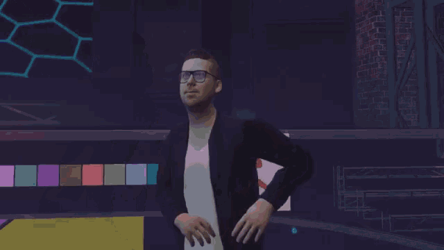 a man wearing glasses stands in front of a dance sign