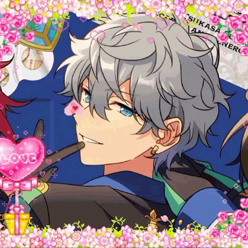 a picture of a boy with a pink heart that says love