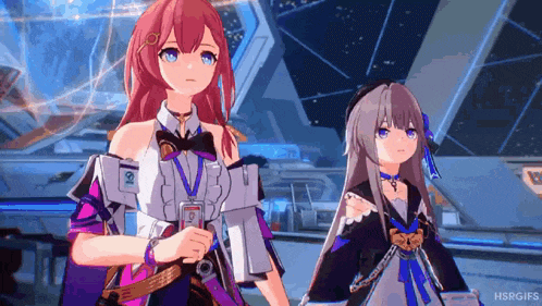 a couple of anime girls are standing next to each other in a room in a video game .