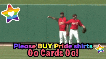 two baseball players on a field with the words please buy pride shirts go cards go written below them
