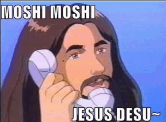 a cartoon of jesus talking on a cell phone with a caption that says moshi moshi jesus desu