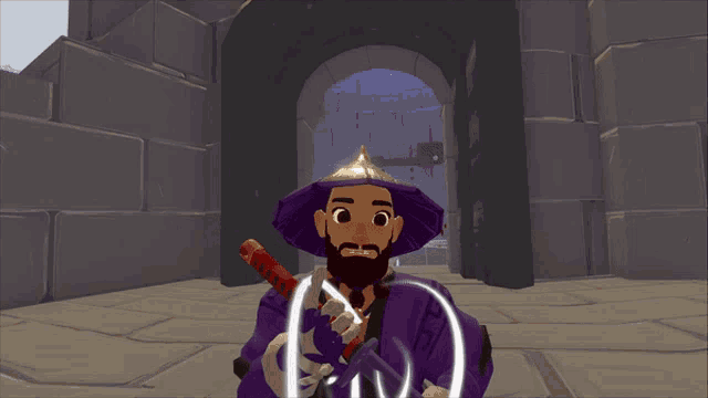 a cartoon character with a sword and a purple robe