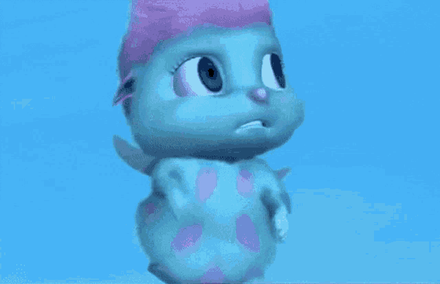 a blue and purple cartoon character with pink hair and wings is floating in the air .