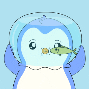 a cartoon penguin is holding a fish in its mouth