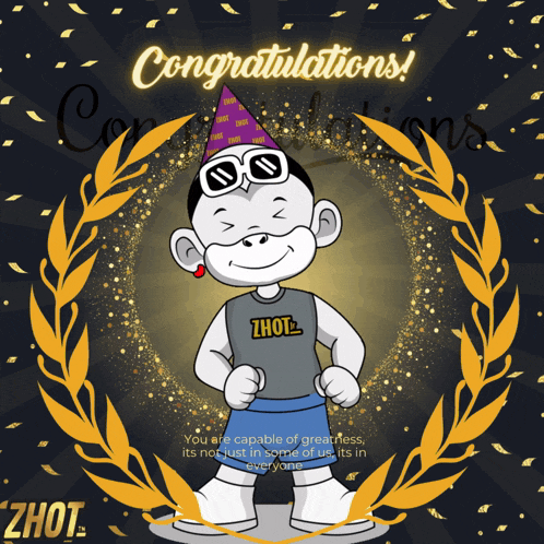 a congratulations card with a cartoon character wearing a shirt that says zhot