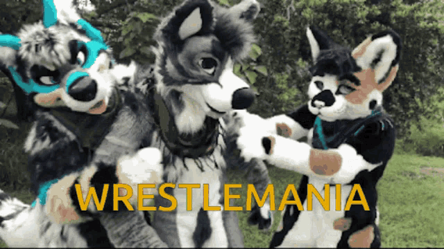 a group of furry animals standing next to each other with the words wrestlemania in the background