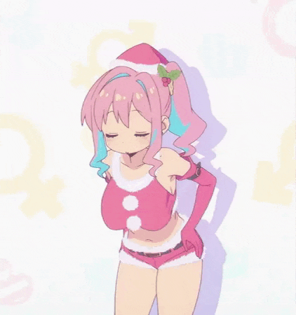 a girl with pink hair is wearing a santa hat and gloves .