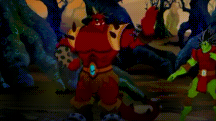 a group of cartoon characters are standing in a forest .