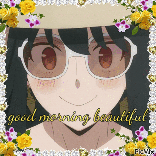 a picture of a girl wearing sunglasses and a hat with the words good morning beautiful on it