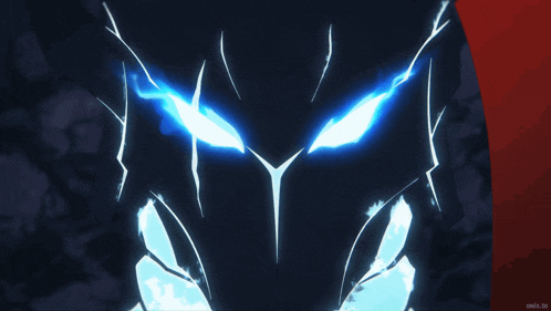 a close up of a person 's face with glowing blue eyes and a red background